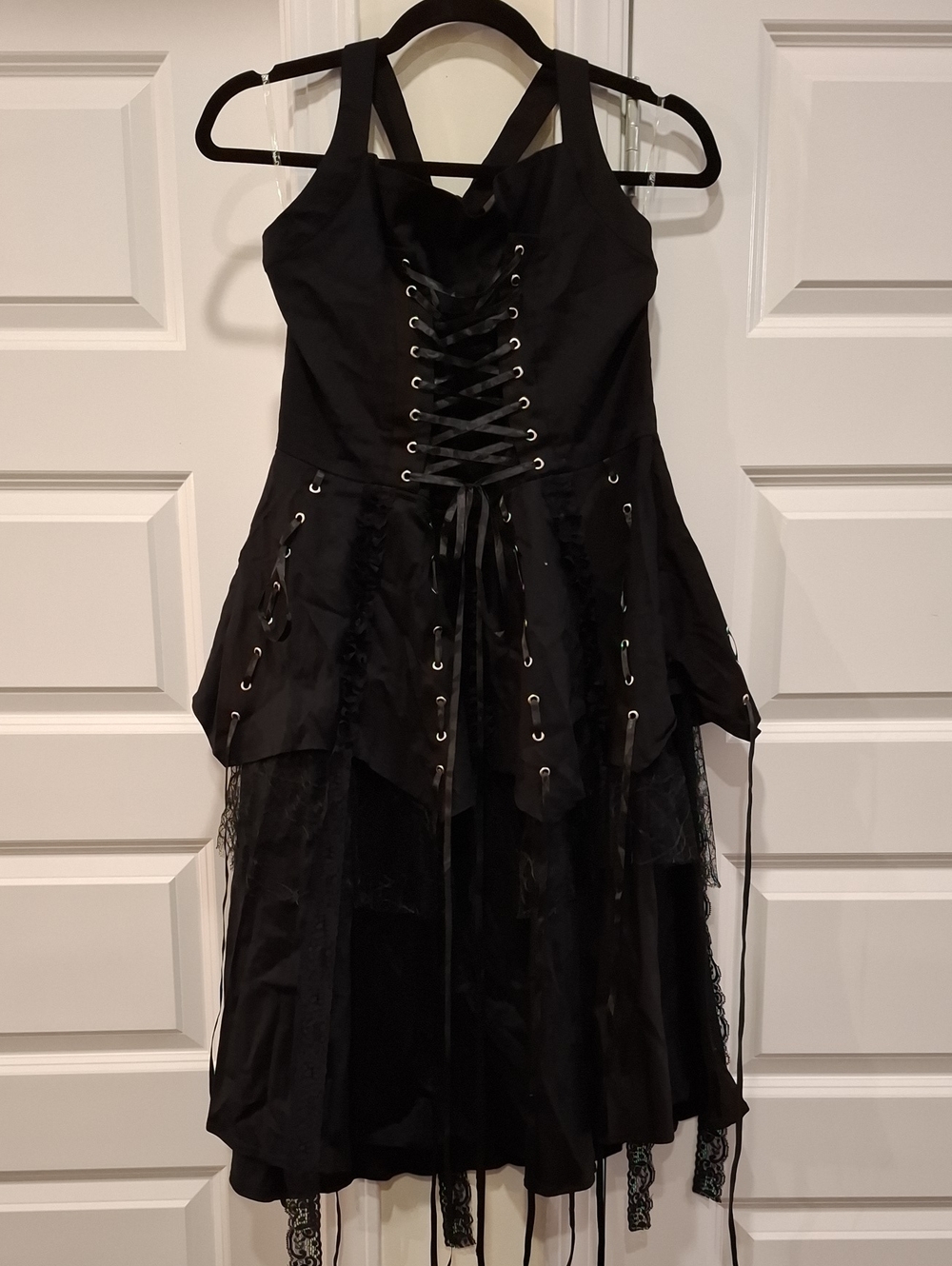 New Orchid Bloom Black Goth Spiderweb Design Lace Dress Tie Neck Size US 14